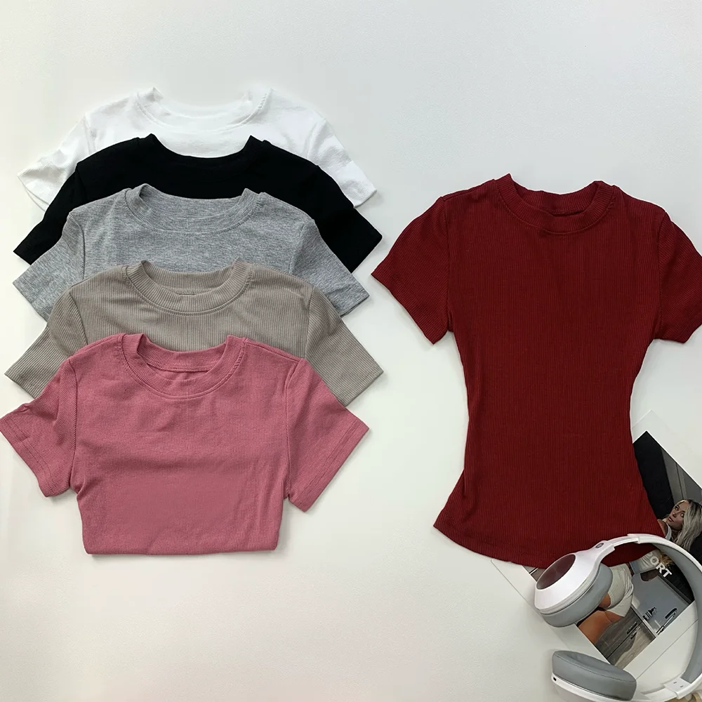 Fashionable And TTrendy Sports Short-Sleeved Pink Ribbed Sports T-Shirt Sexy Fitted Solid Color Casual Round-Neck Women's Top