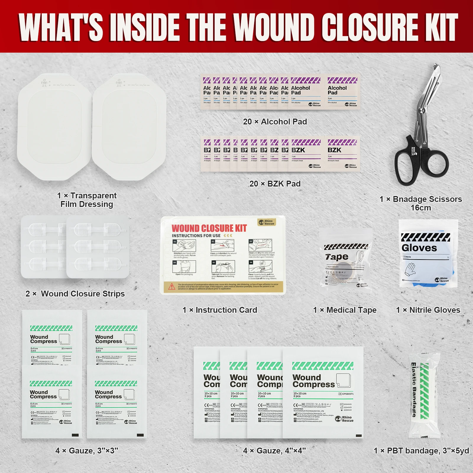 RHINO RESCUE Zip Stitch with Wound Dressings, Closure Strips, Zipstitch Laceration Closure Kit for Cut Care Band-Aid