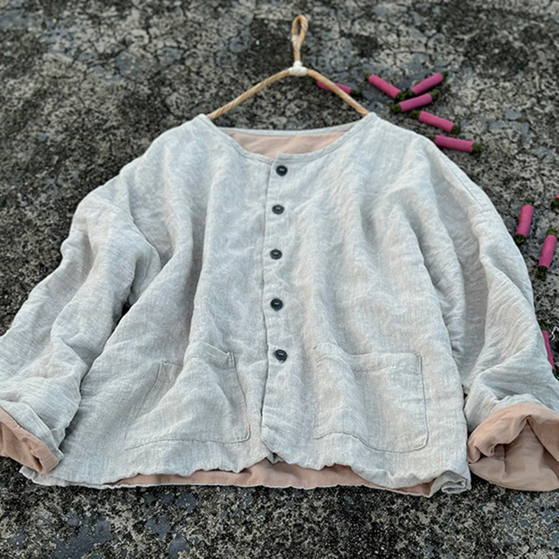 

Women Cotton Linen Casual Jackets New Arrival 2025 Spring Vintage Style O-neck Plain Color Loose Female Outerwear Coats T461