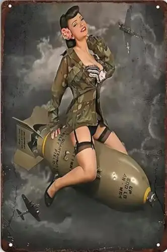 MILITARY METAL TIN SIGN SEXY PIN UP MODEL WOMAN SITTING ON A BOMB MAN CAVE DECOR