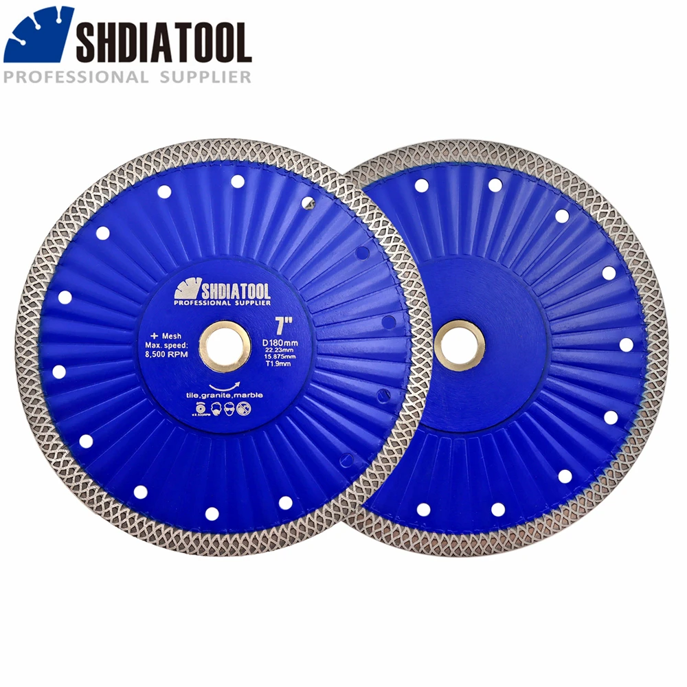 SHDIATOOL 1/2pcs 7inch Diamond Mesh Turbo Cutting Disc Marble Granite Quartz Bore22.23mm Angle Grinder Dia180mm Saw Blade