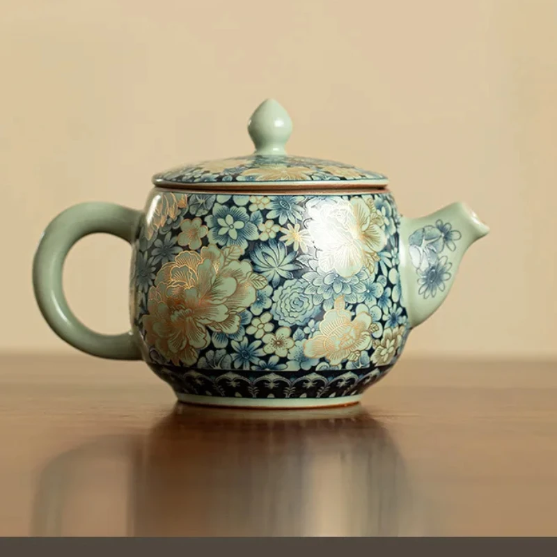 1 قطعة إبريق شاي جينغدتشن المزجج على شكل زهرة مشوية ، أدوات Ru ، إبريق شاي Wanhua Gilding Peony Hanwa وعاء ، طقم شاي الكونغ فو ، كوب تخمير الشاي المنزلي