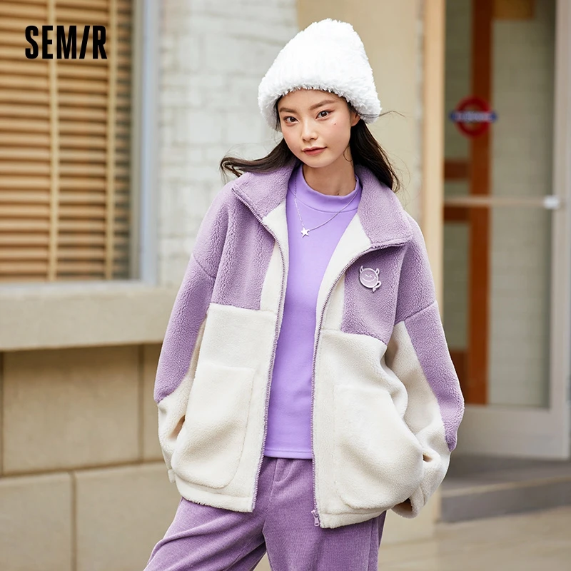 Semir Coat Women Mid-Length Oversize Imitation Lamb Wool Lettering Sweet Cool Winter Stand-Up Collar Color Matching Casual Coat