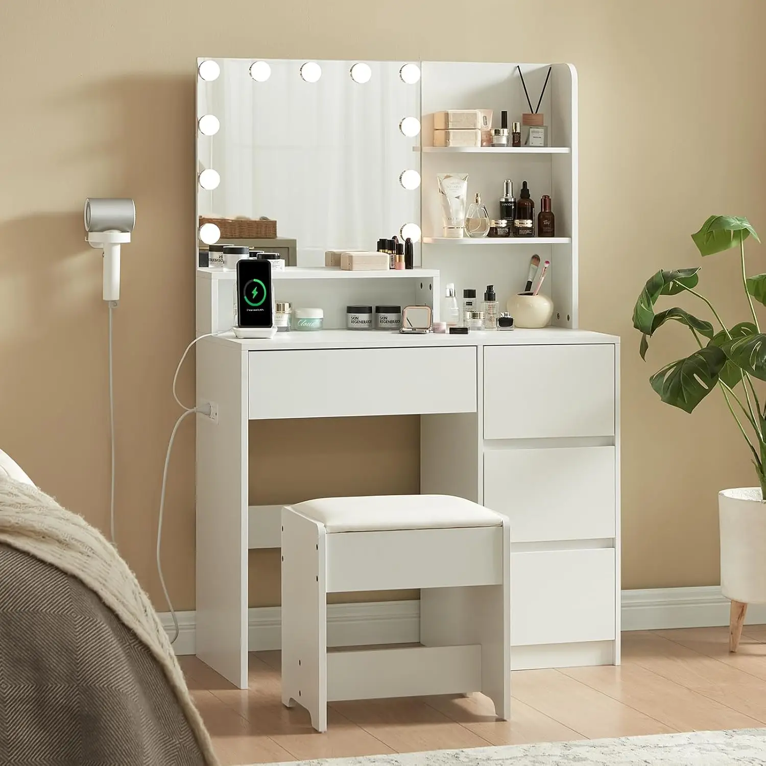 Makeup Vanity Desk with Mirror and Lights - Small Vanity Table Set with 4 Drawers, Power Outlet, USB Ports, Stool, Dressing