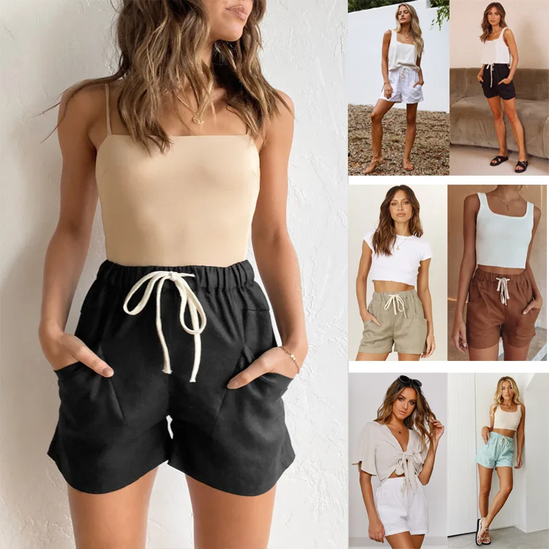 

2022 Summer New Women's Solid Color Casual Shorts High Waist Lace Up Fashion Patch Pocket Sports Comfortable Women's Pants