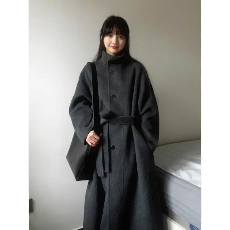 Gray Woolen Coat Women's Mid-Length Korean Style Small Size Autumn Winter New Fashion Thickened Female Outerwear Coat