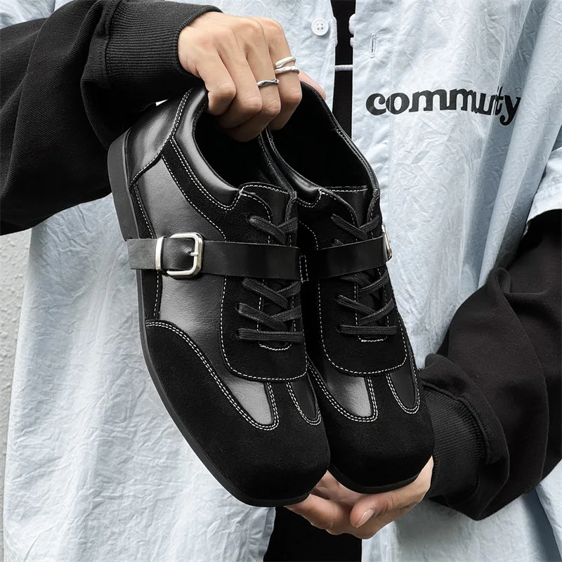 

Unisex Leather Casual Shoes Black Sneakers Buckle Square Head Shoes Man Handmade Outdoor Leisure Walk Running Dequn Shoes Flats