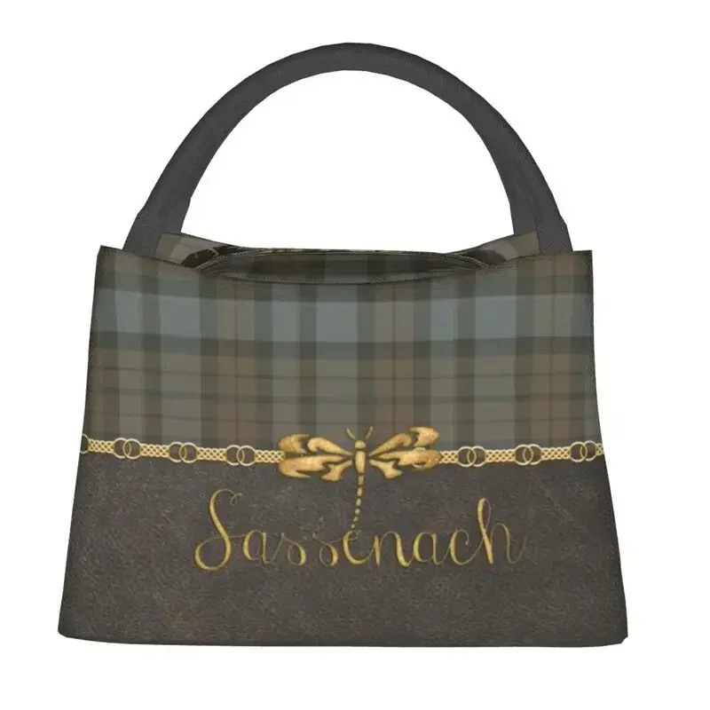 Leather And Tartan Sassenach Pattern Insulated Lunch Bag for Women Resuable Dragonfly Outlander Cooler Thermal  Box