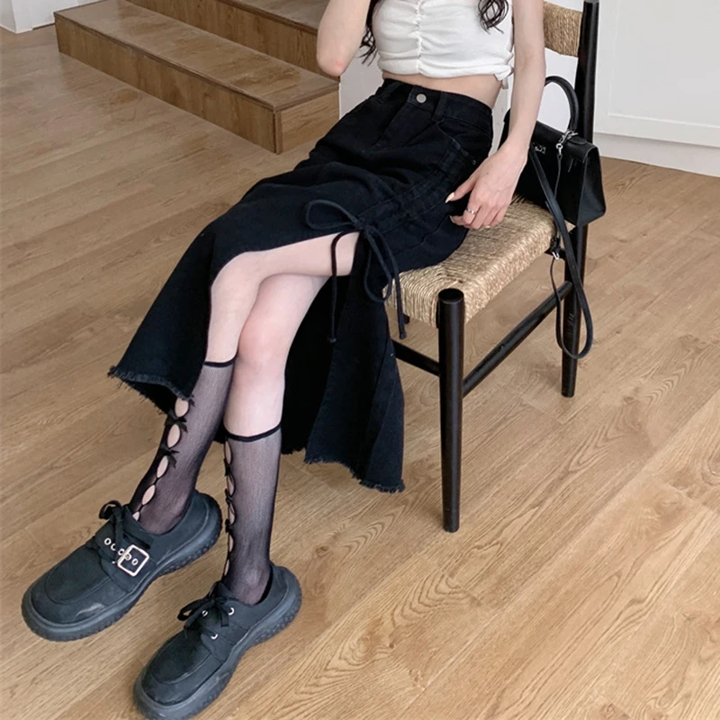 Y2K High Waist Women Jeans Skirts Korean Fashion Bandage Female Tassel Midi Skirts Summer Casual Streetwear A Line Skirts