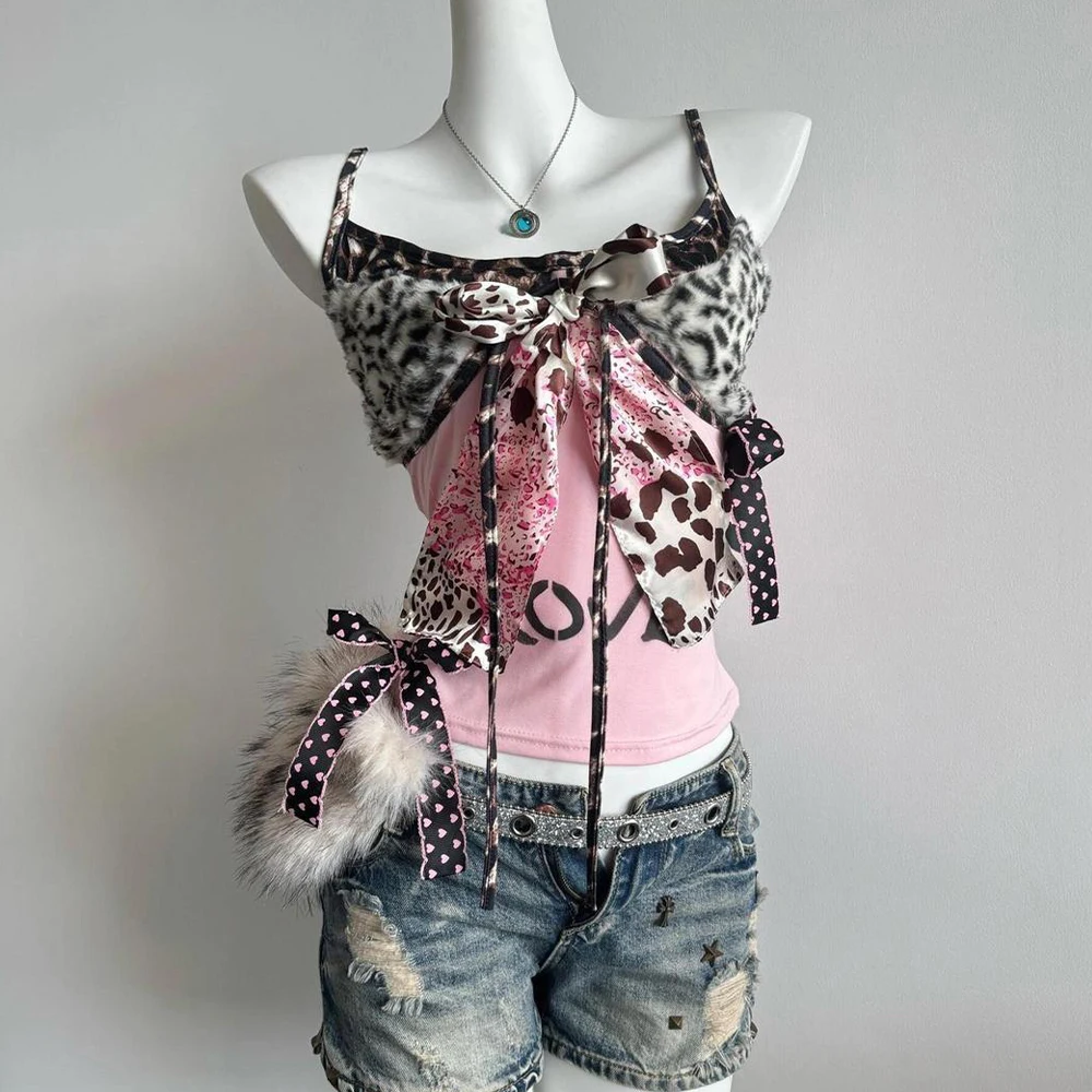 American Harajuku Hot Girl Vest Subculture Leopard Patch Bow Vest Y2K Aesthetic Letter Print Fashion Vest Women's Slim Fit Top