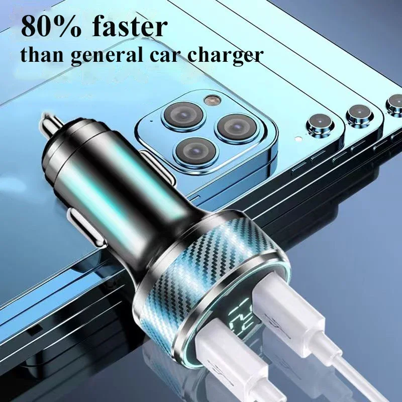 USB Car Phone Charger Adapter with Voltage Monitor  2 in 1 Super Fast Charge for Huawei Oneplus OPPO VIVO iPhone Samsung iPad