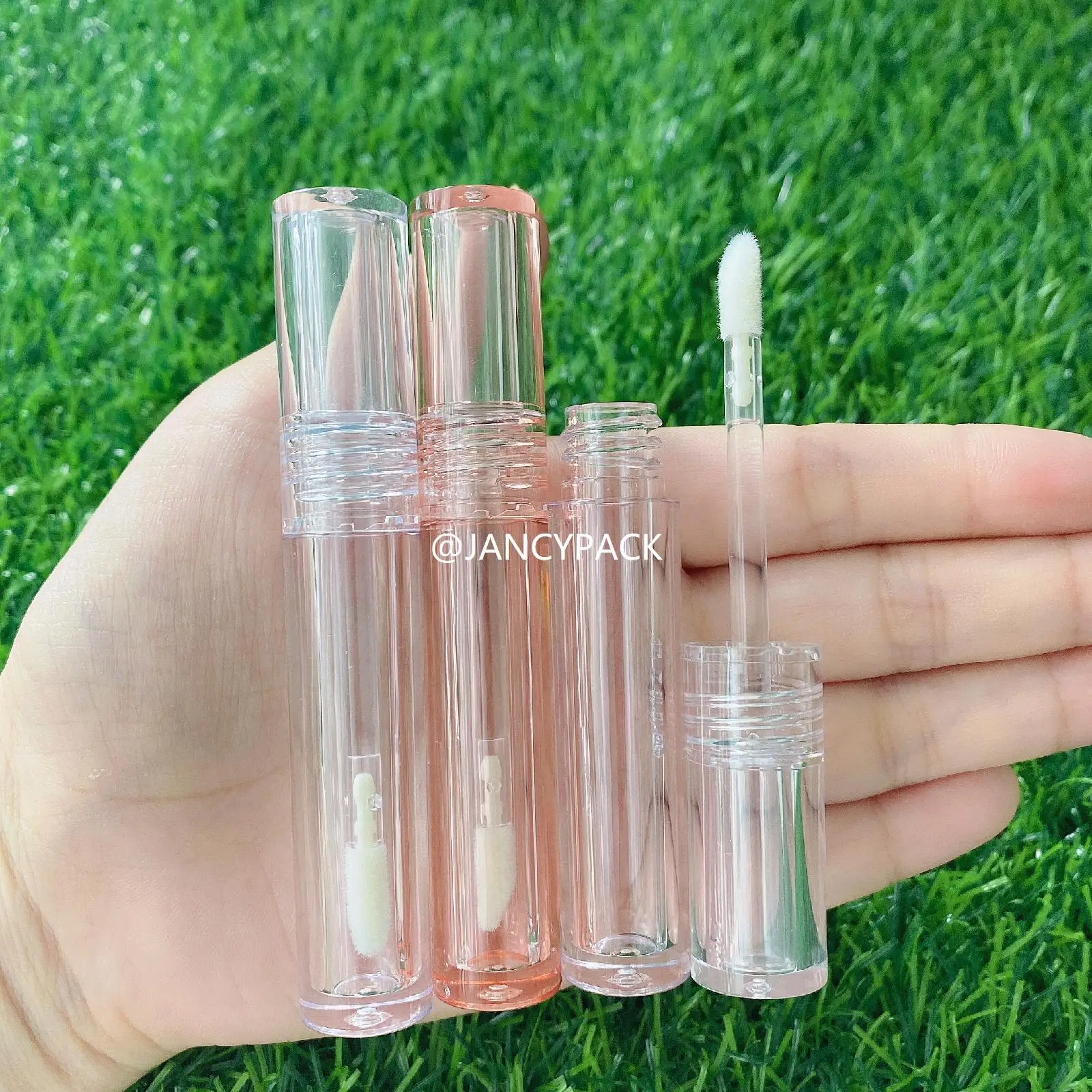 Botella de aceite de labios delgada, redonda, totalmente transparente, logotipo personalizado, embalaje de tubos de brillo de labios transparentes de plástico vacío, 2ml