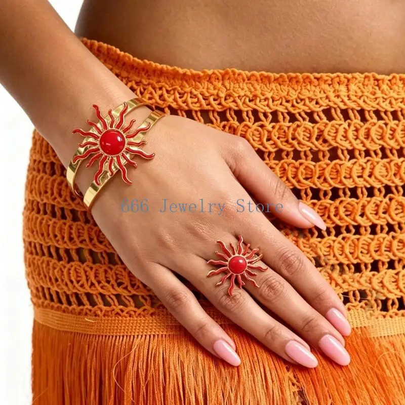 F2TD Adjustable Bracelet and Ring Set with Sun Design for Everyday Accessories