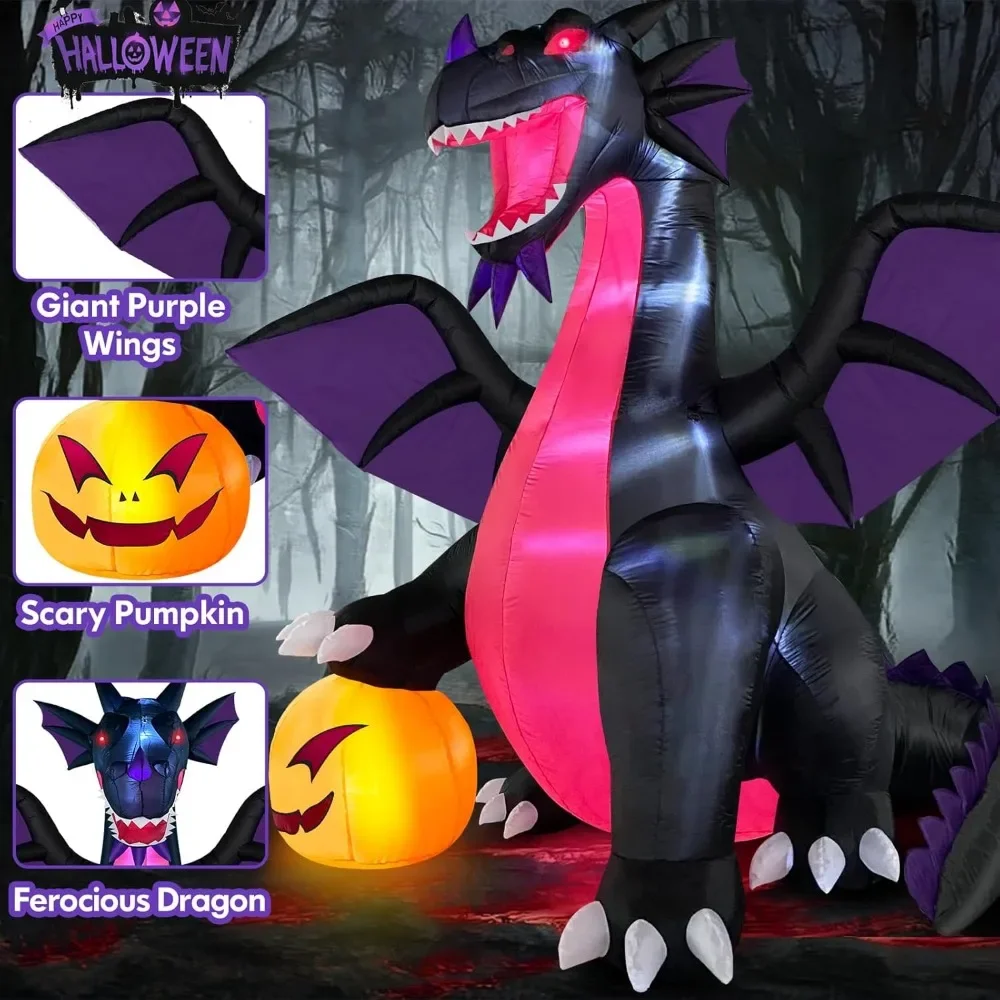 Halloween Inflatable Dominating Dragon with Pumpkin Outdoor Decoration, Blow Up Yard Decoration with LED Lights Spooky for Fun