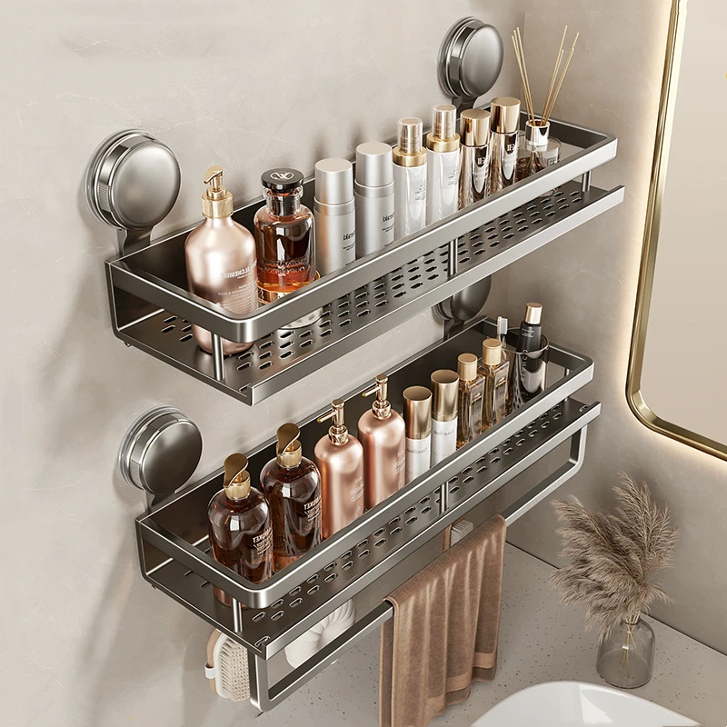 No Drill Suction Cup Bathroom Rack Bathroom Shelf Toilet Space Aluminum Hanging Rack Bathroom Organizer Hang On the Wall