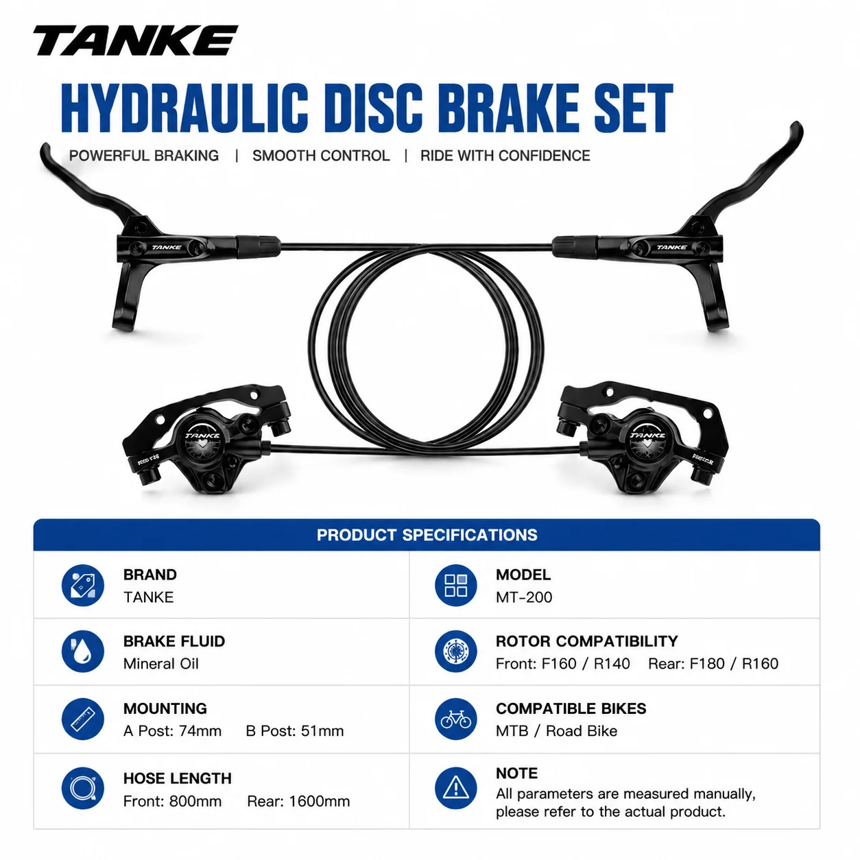 TANKE MT200 Hydraulic Disc Brake Set MTB Bike Brake Front Rear 2 Piston Oil Pressure Brake Lever 160mm Rotor Bicycle Parts