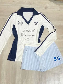 Conjunto de 2 piezas ajustado con cuello de pico para mujer, Tops de manga larga con lazo liso y falda de pantalón con volantes finos de cintura alta, moda de invierno