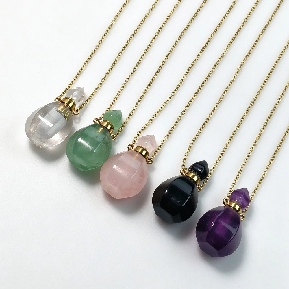 1PC Teardrop Natural Mineral Perfume Bottle Necklace, Multi-color Essential Oil Vial Pendant for Women Golden Plated N2C1101