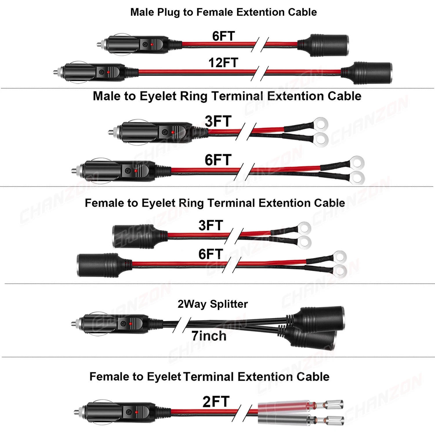 3FT 6FT 12FT Cigarette Lighter Extension Cord 16AWG/18AWG 12V 24V 15A 10A Car Splitter Charger Cable Socket Plug Auto Accessorie