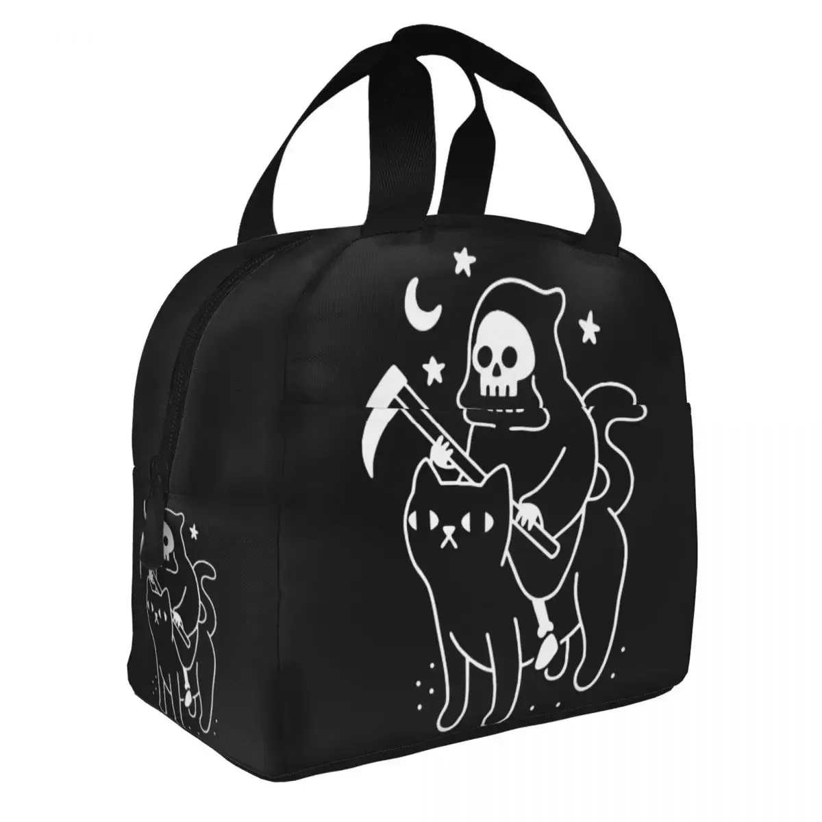 Death Rides A Black Cat Insulated Lunch Bags Thermal Bag Meal Container Horror Halloween Grim Reaper Funky Tote Lunch Box