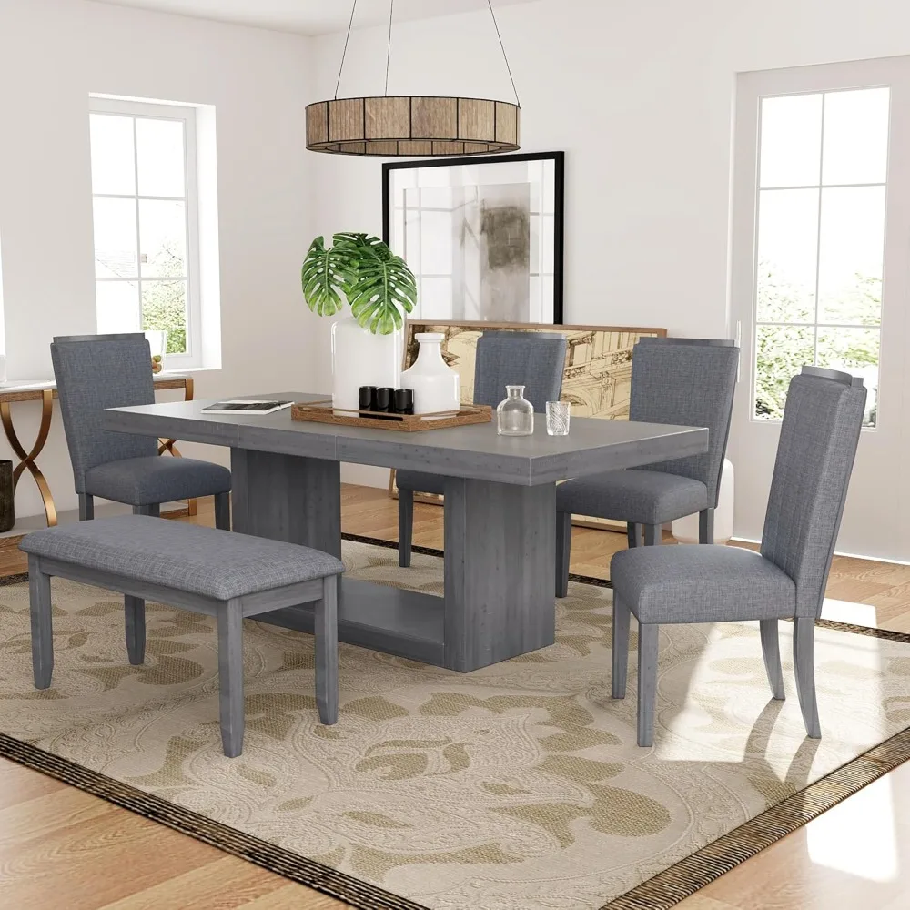 78 Inch Extendable Dining Table Set with 18inch Removable Leaf, Wood 6-Piece Dining Table Set with 4 Upholstered Dining Chairs