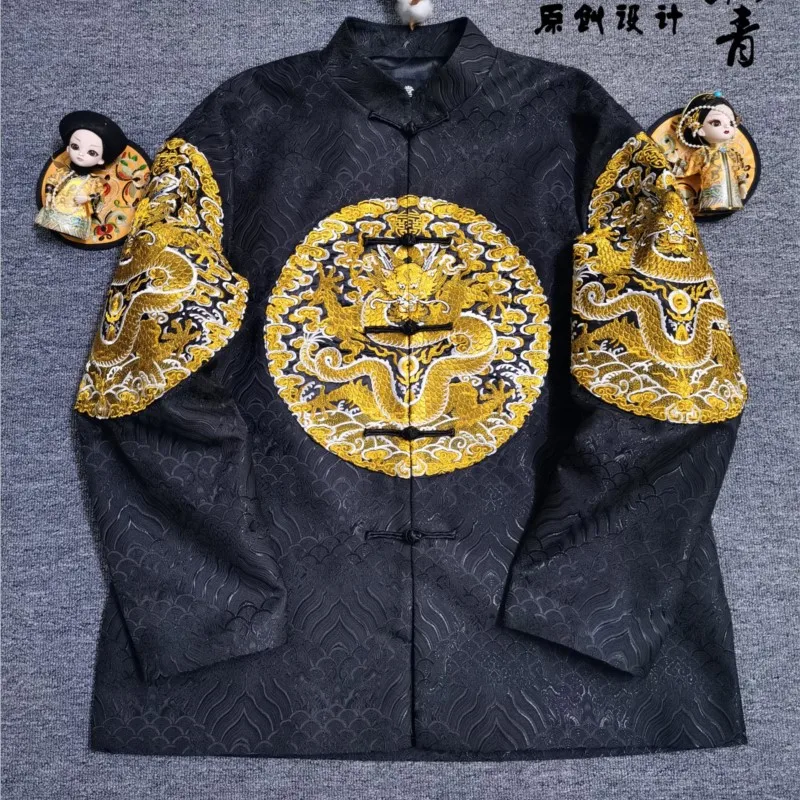 Design Retro Improve Tang Suit Buzi Dragon Robe Embroidered Chinese Knot Button Top for Men