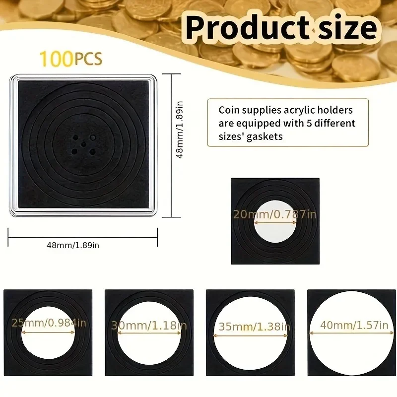 100pcs Coin Collection Case Set with Adjustable Foam Washers Acrylic Coin Holders for 20mm-40mm Coins Clips Display Storage Box