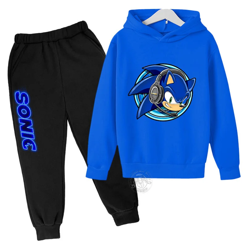 Children's Anime Cartoon Sonic -Letter Printed Autumn/Winter Warm Two Piece Hoodie+Pants Sports Set for Boys and Girls Aged 3-13