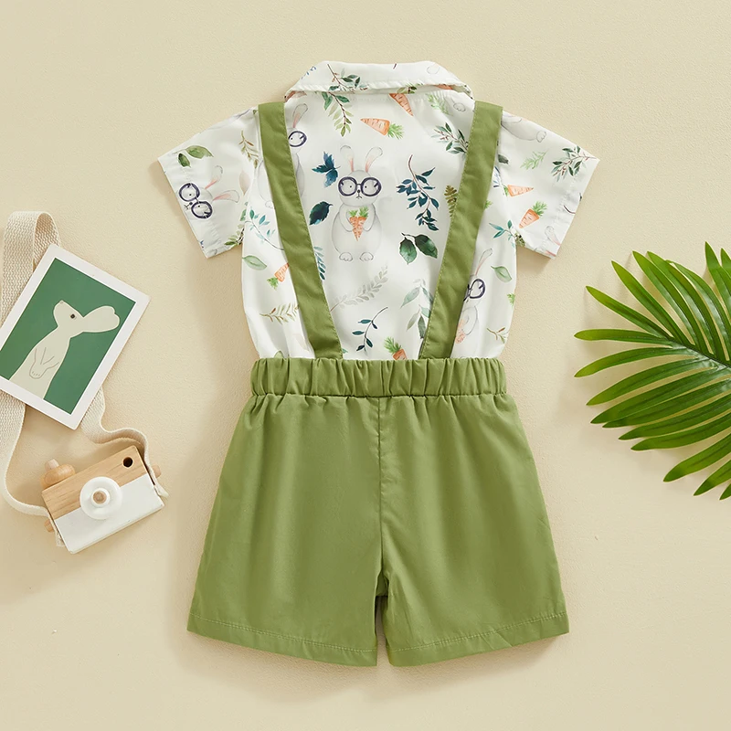 Baby Boy Summer Clothes Gentleman Outfit Short Sleeve Rabbit Print Romper Suspender Shorts Infant Easter 2PCS Set