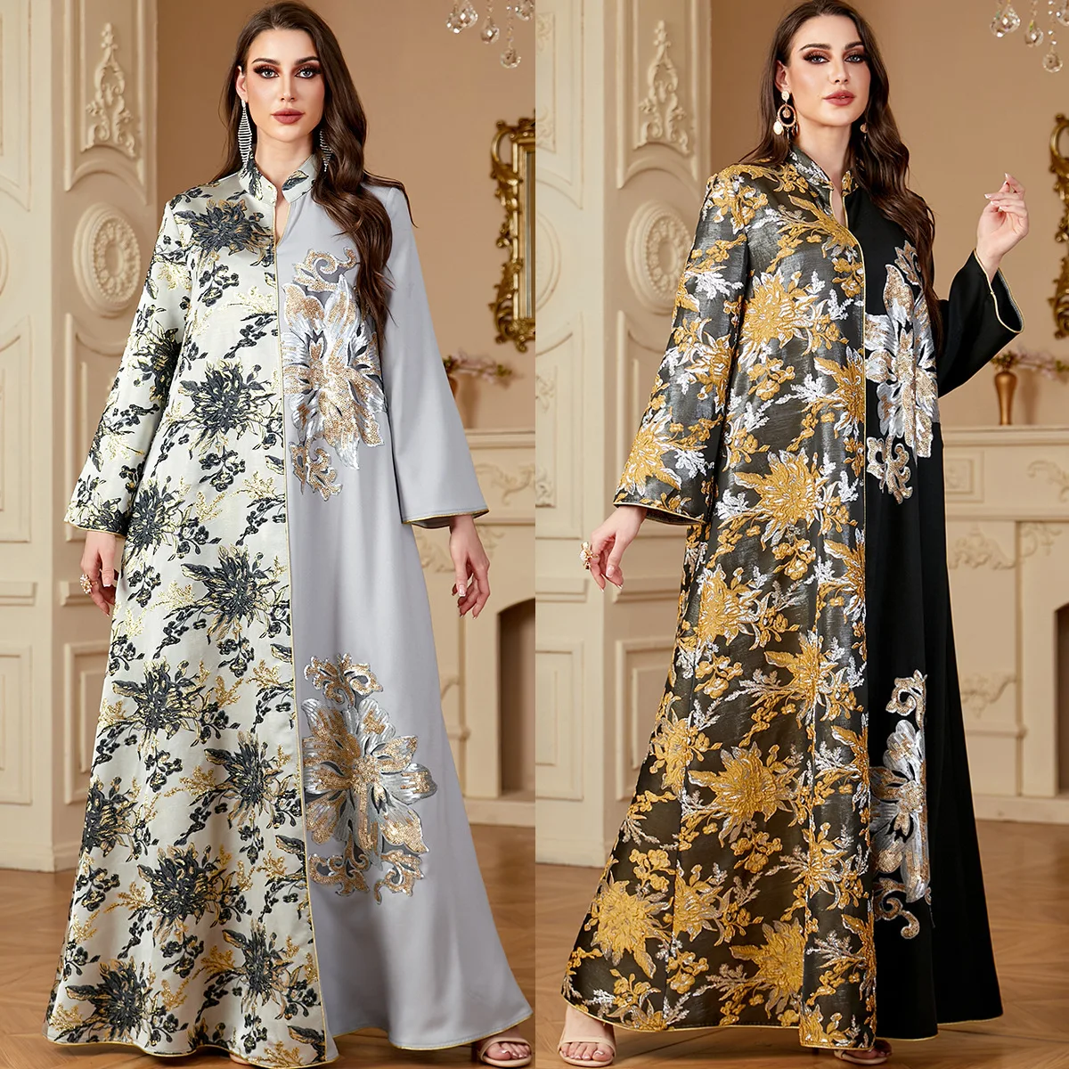 4150 Muslim Dubai women's jacquard long robe, contrasting splicing long skirt, V-neck dress