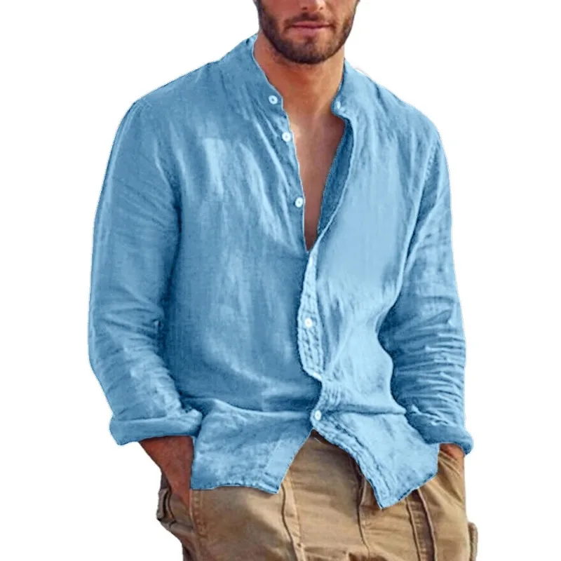 Men Hawaiian Shirt Long Sleeve Shirt Linen Solid Color Shirts Trend Stand Collar Casual Lightweight Breathable Tops