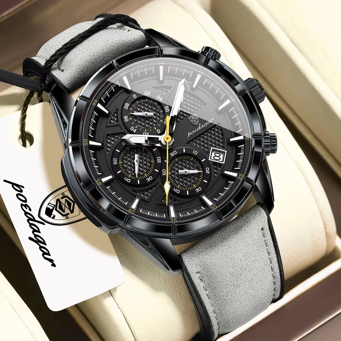 POEDAGAR Top Fashion Men Wristwatch Chronograph Date Leather Men's Quartz Watches Waterproof Luminous Casual Business Male Watch