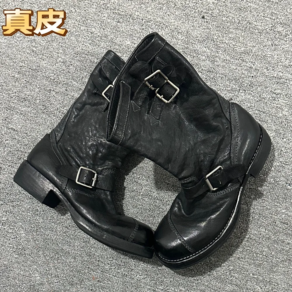 

Retro Men's Black Genuine Leather Motorcycle Boots Western Mid-Calf Thick-soled Metal Belt Buckle Engineer Chelsae Boots