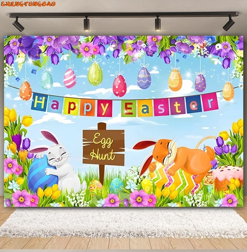 Vrolijk Pasen Achtergrond Lente Tuin Cartoon Konijnen Eieren Bloemen Groen Gras Bunny Pasen Baby Portret Fotografie Achtergrond