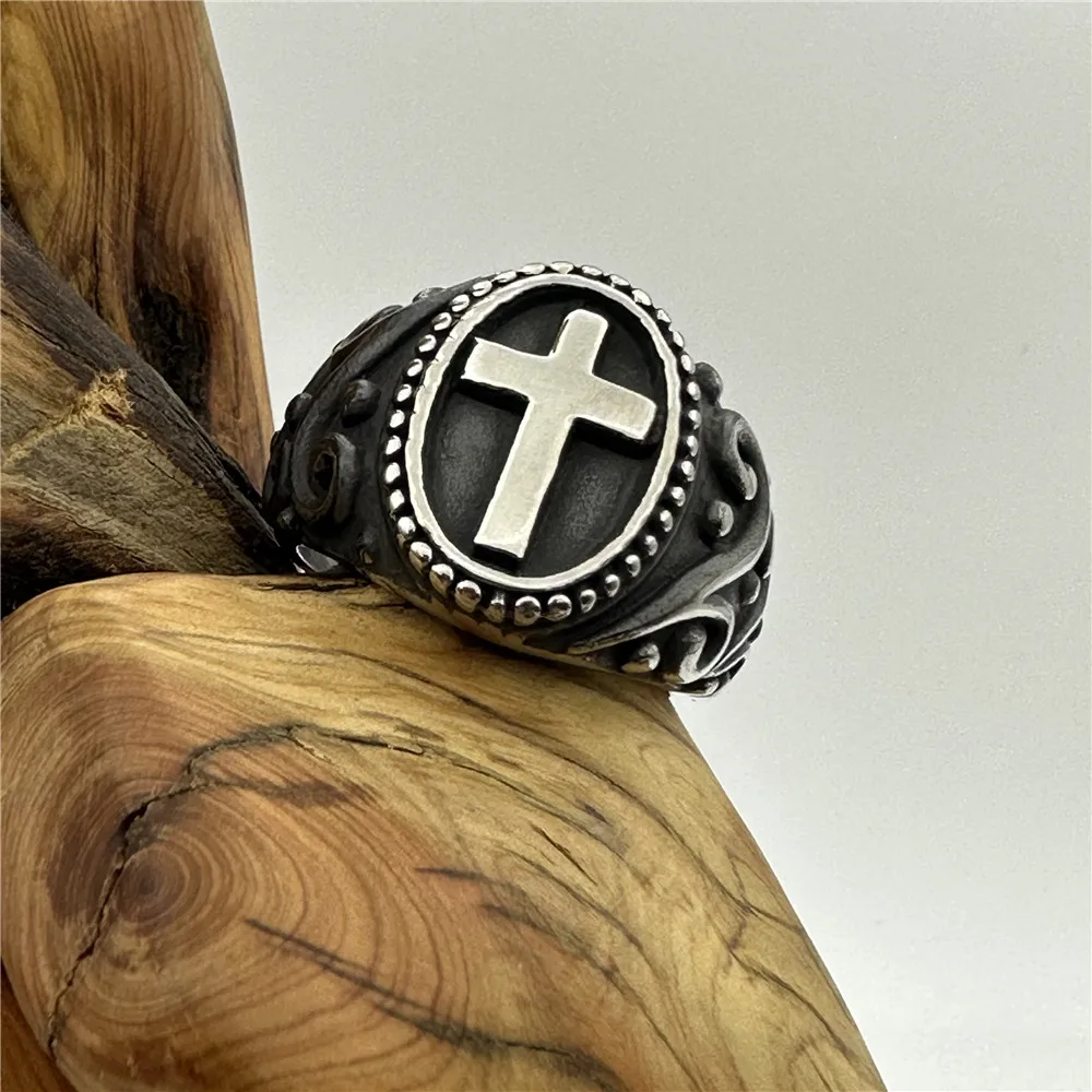 Polishing Cross Ring 316L Stainless Steel Jewelry Biker Punk Retro Men Ring