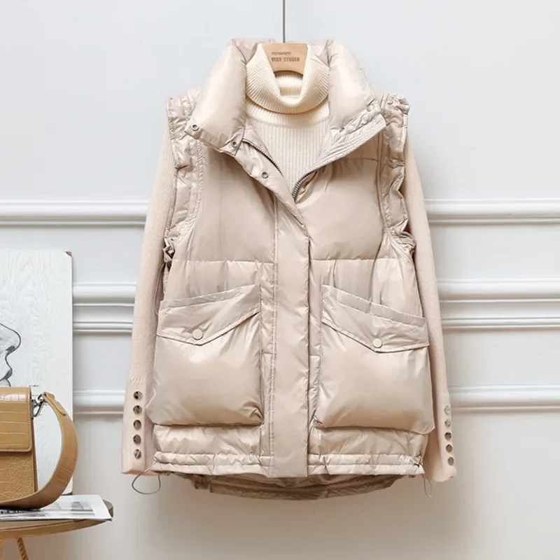 Winter Duck Down Vest Women Ultra Light Oversize Waistcoat Casual Short Zipper Pocket Sleeveless Jacket Female Parkas Knit Vest