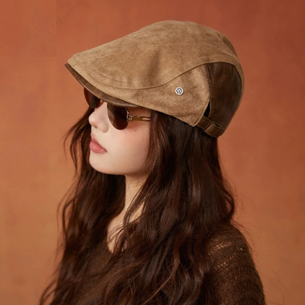 Japanese and Korean Leather Beret with Suede and Leather Patchwork British Fashion Versatile Small-Face-Enhancing Octagonal Hat