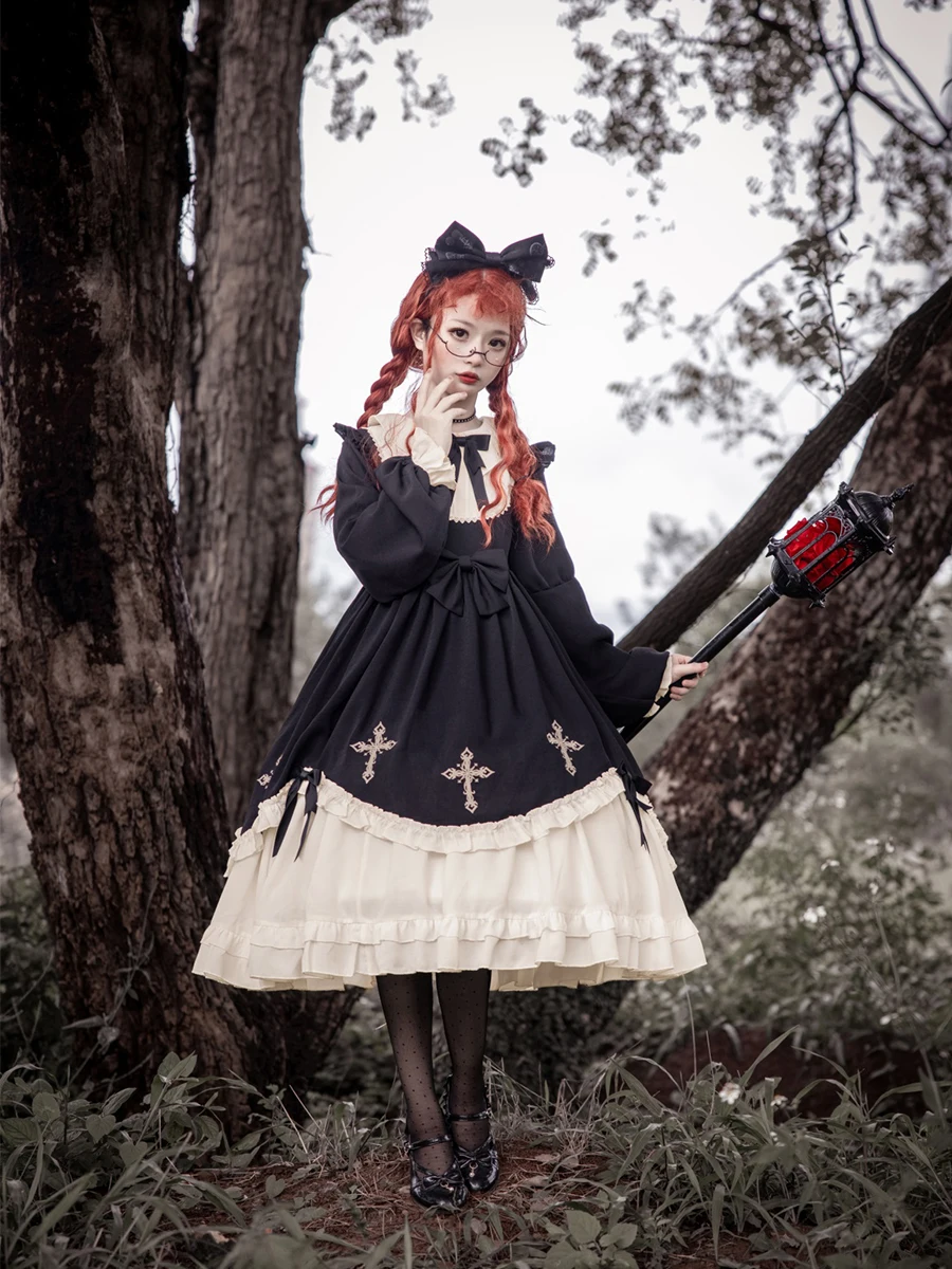 

Gothic Dark Lolita Princess Dress plus Size 200 Pounds Frock for Plump MM Long Sleeve Spring Autumn Seasonal Casual Style
