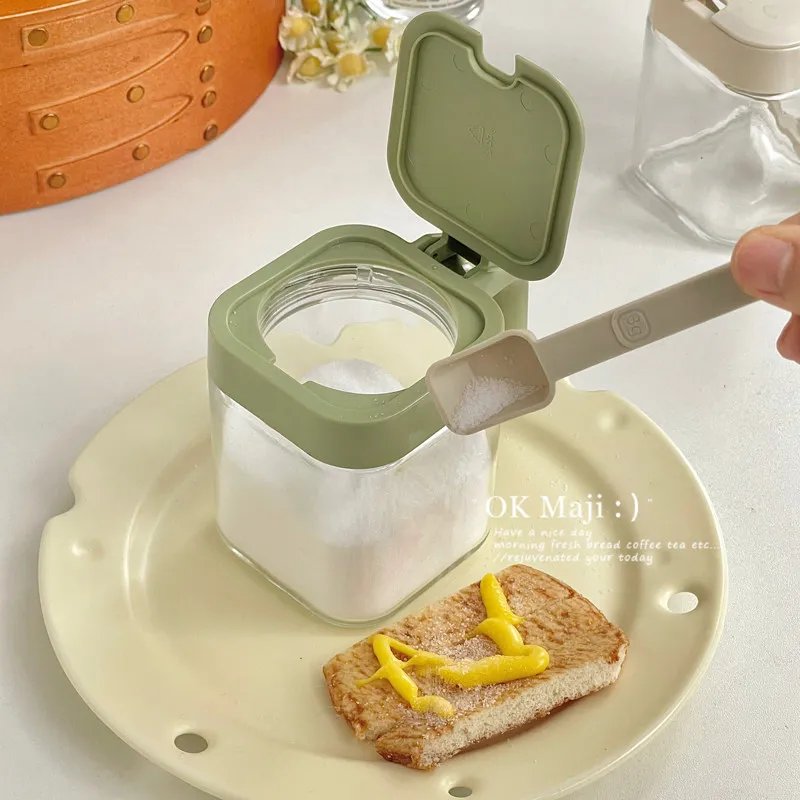 220ml Glass Spice Jar with Handle & Built‑in Spoon 2026 Airtight Seasoning Container Kitchen Salt Sugar Condiment Storage Box