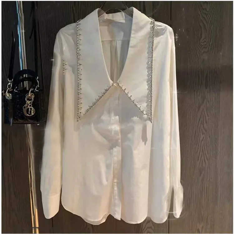 Beaded Big Turn-Down Collar White Blouse Women Temperment Long Sleeve Loose All-Match Shirt Tops q657