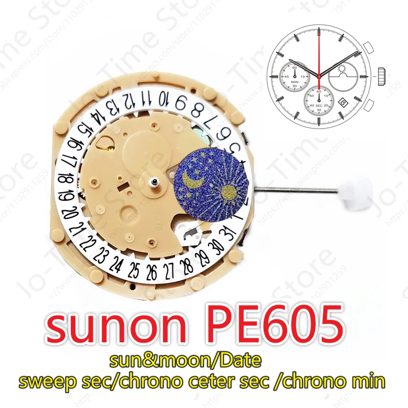 PE605 การเคลื่อนไหว Sunon Pe60 นาฬิกาควอตซ์การเคลื่อนไหวกวาดวินาที Chronograph Chrono Center วินาที/Chrono Min/วันที่/Sun & Moon