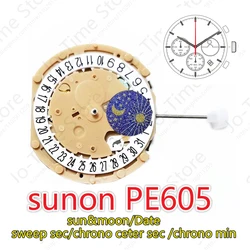 PE605 Movement Sunon Pe60 Quartz Watch Movement Sweep Second Chronograph Chrono Center Second/Chrono Min/Date/Sun&Moon
