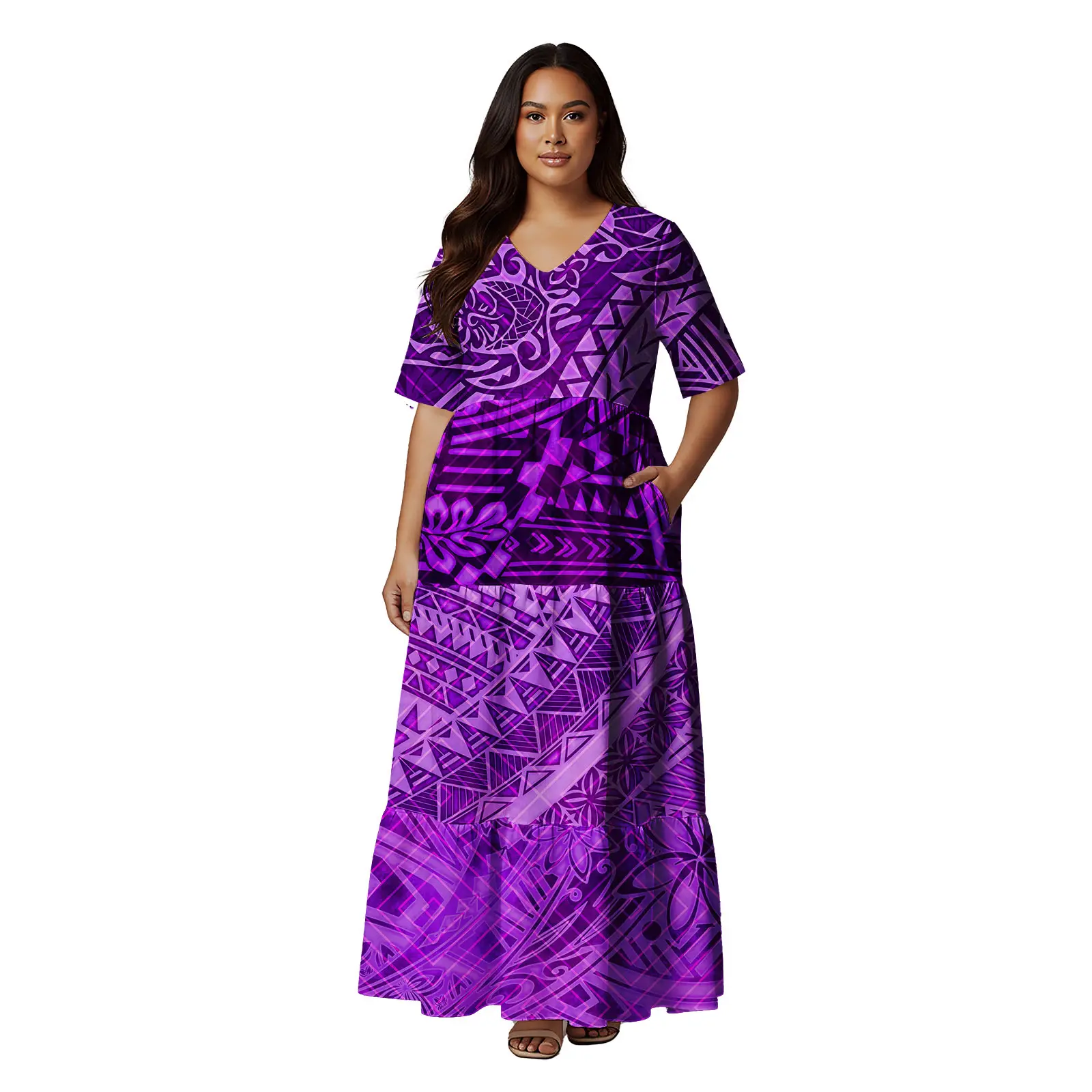 

Модное модное повседневное повседневное элегантное женское платье макси с v-образным вырезом и карманами, платья полинезийского племенного дизайна с индивидуальным принтом