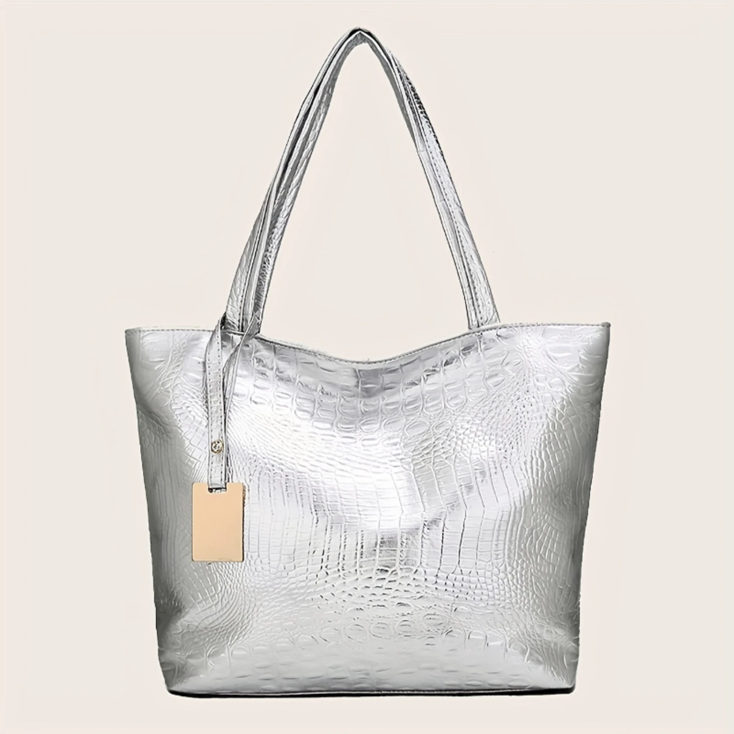 Bolsa tote feminina com padrão de crocodilo, grande capacidade, pingente de metal, bolsa de compras casual de couro PU – perfeita para mulheres elegantes