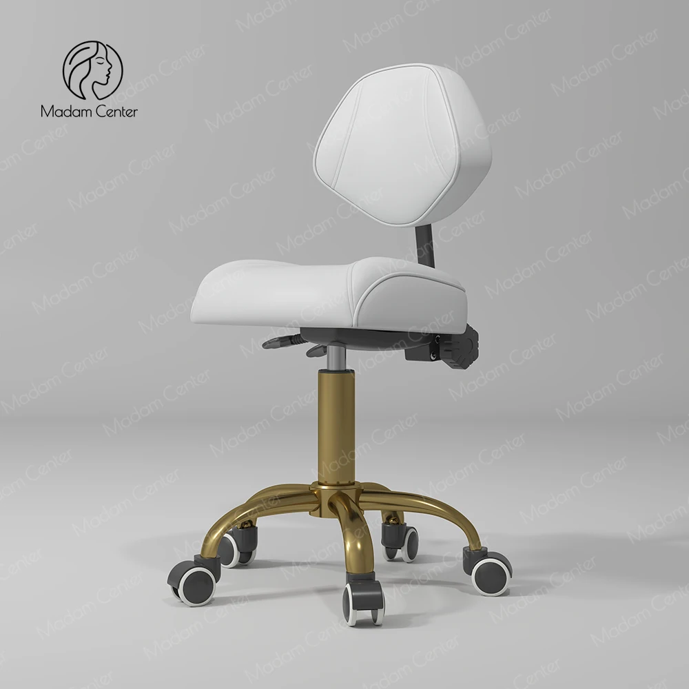 

White Technician Face Stylist Low Stool Swivel Rolling Wheels Chair with Gold Circle for Barber Shop