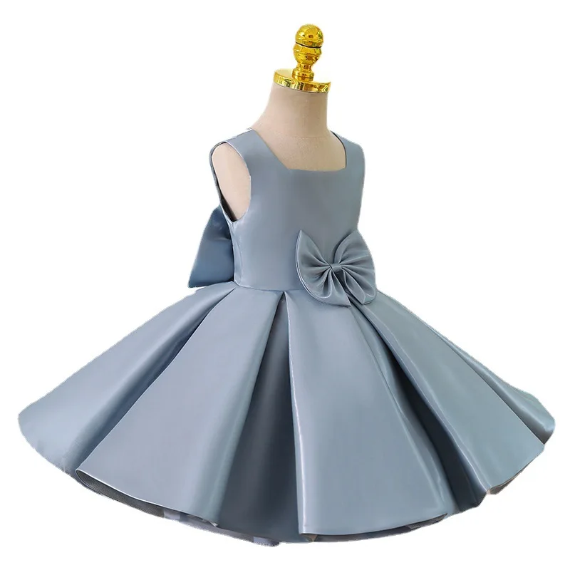 2024 Teenmiro Banquet Dress for Kids Girl Infants Satin Ruched Blue Ball Gown for Birthday Party Children Bridesmaid Dresses