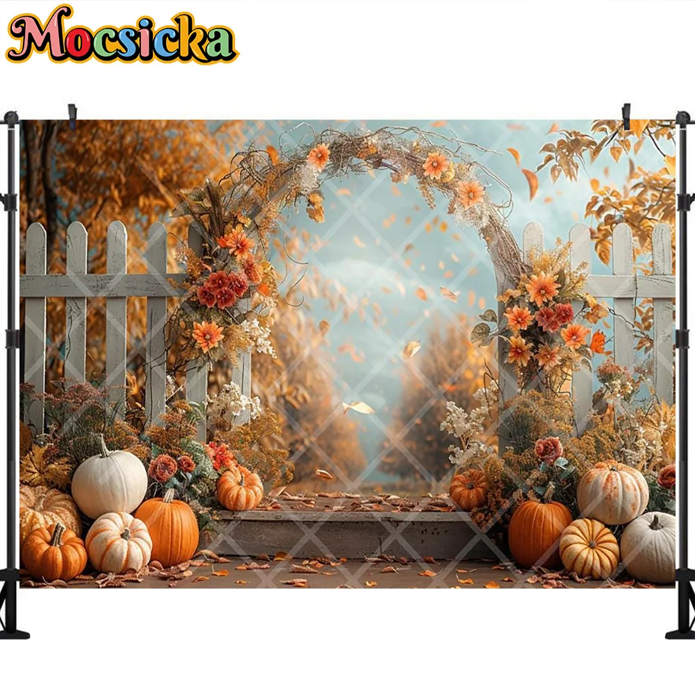 Mocsicka photographie toile de fond automne citrouille feuille d'érable arc décoration enfants automne Portraits Photo fond pour photographie