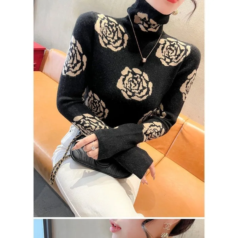 الخريف والشتاء ديف المخملية قاعدة المرأة الجديدة البلوز نصف السلاحف الرقبة طباعة المألوف تنوعا طويلة الأكمام تي شيرت #4