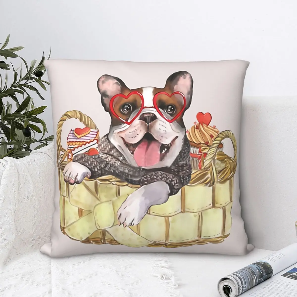 

Valentine Wicker Basket Polyester Cushion Cover French Bulldog Pet For Sofa Chair Decorative Washable Throw Pillowcase