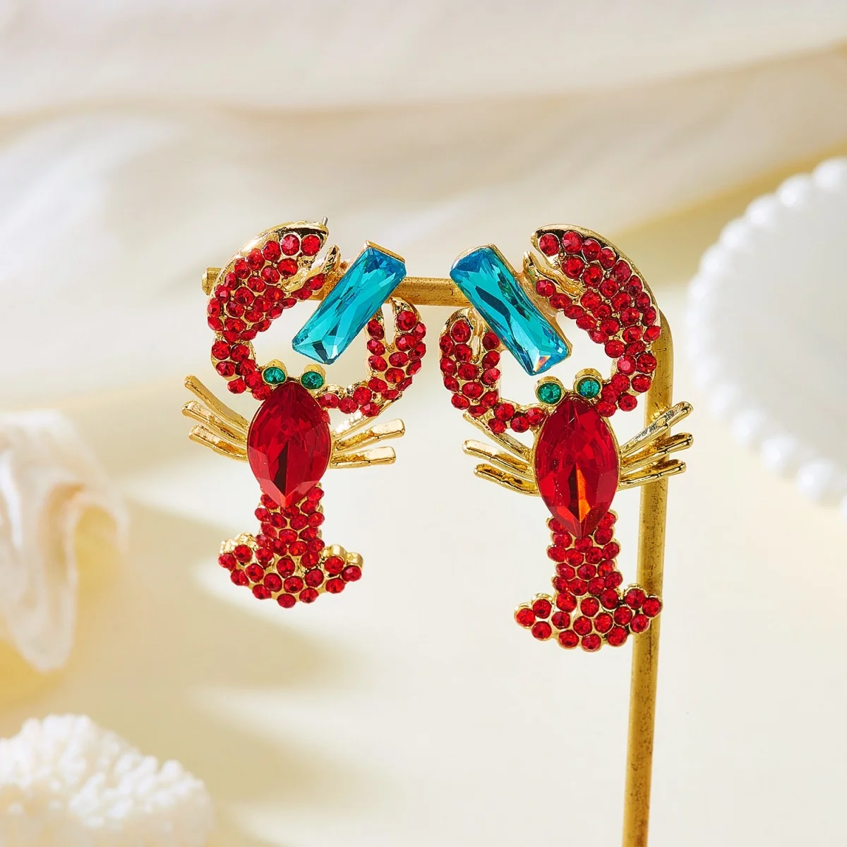 Kreative, übertriebene rote Strass-Hummer-Ohrhänger für Damen und Herren, glänzende, modische Meerestier-Sommerohrringe, Partyschmuck – Detail 22